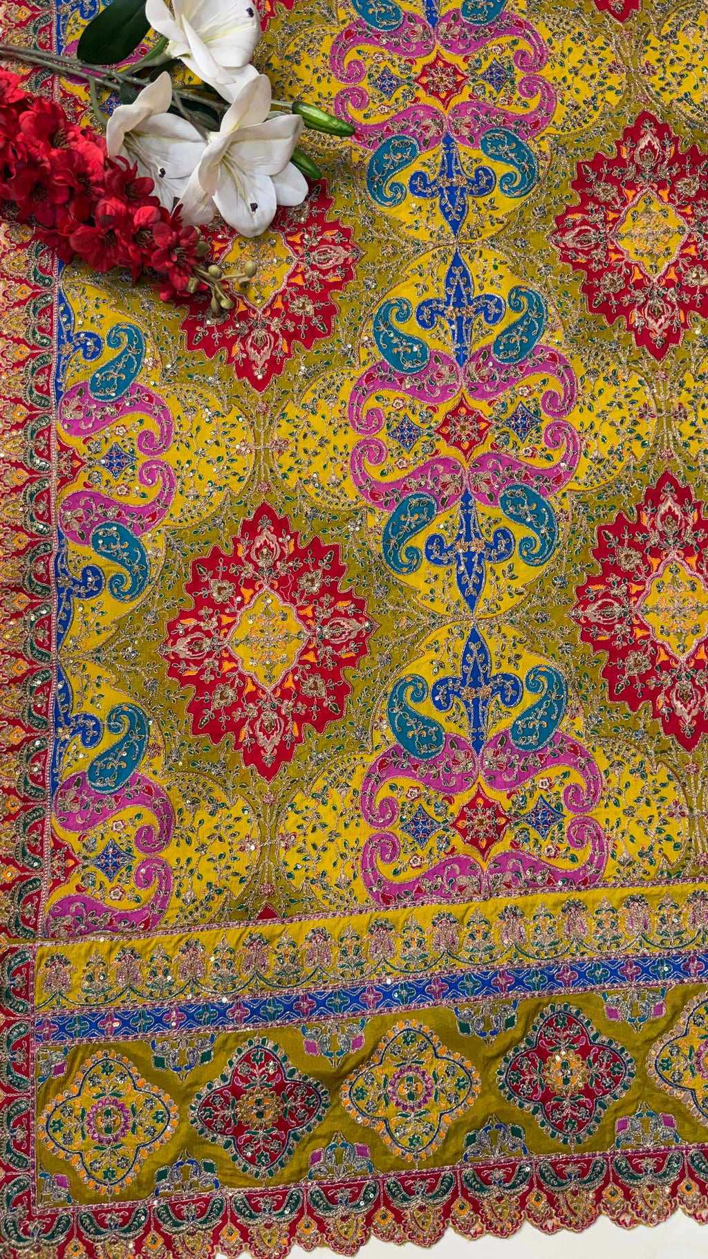 Red & Mustard Heavy Embroidery Crape Unstitch Suit