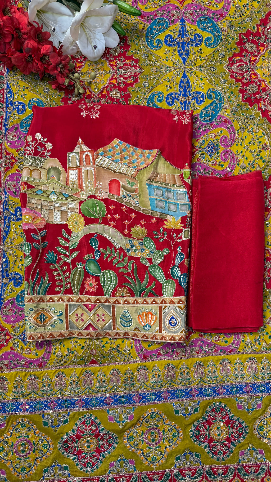 Red & Mustard Heavy Embroidery Crape Unstitch Suit