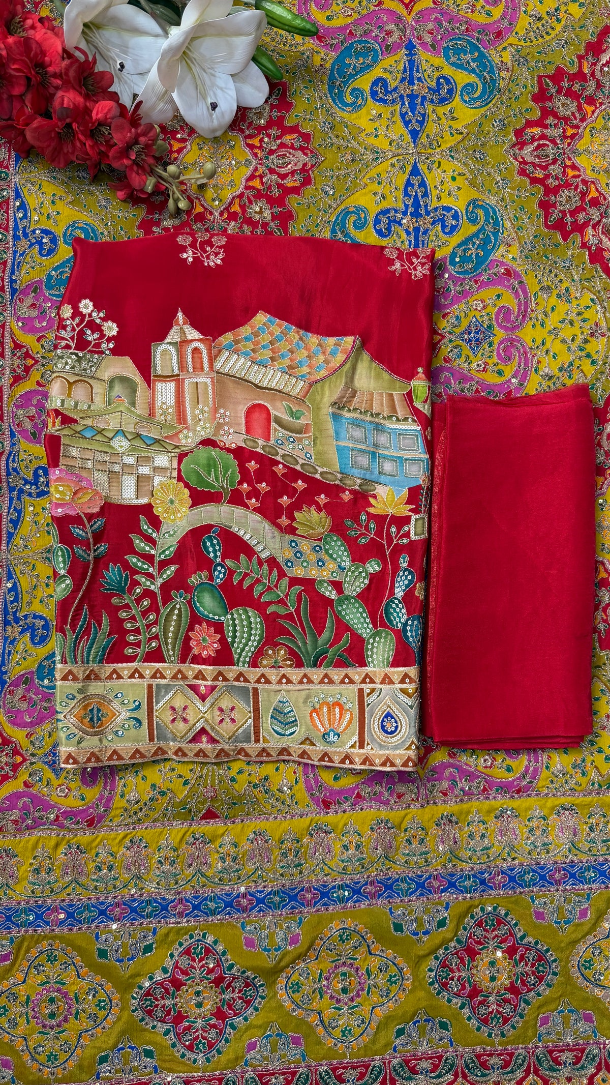 Red & Mustard Heavy Embroidery Crape Unstitch Suit