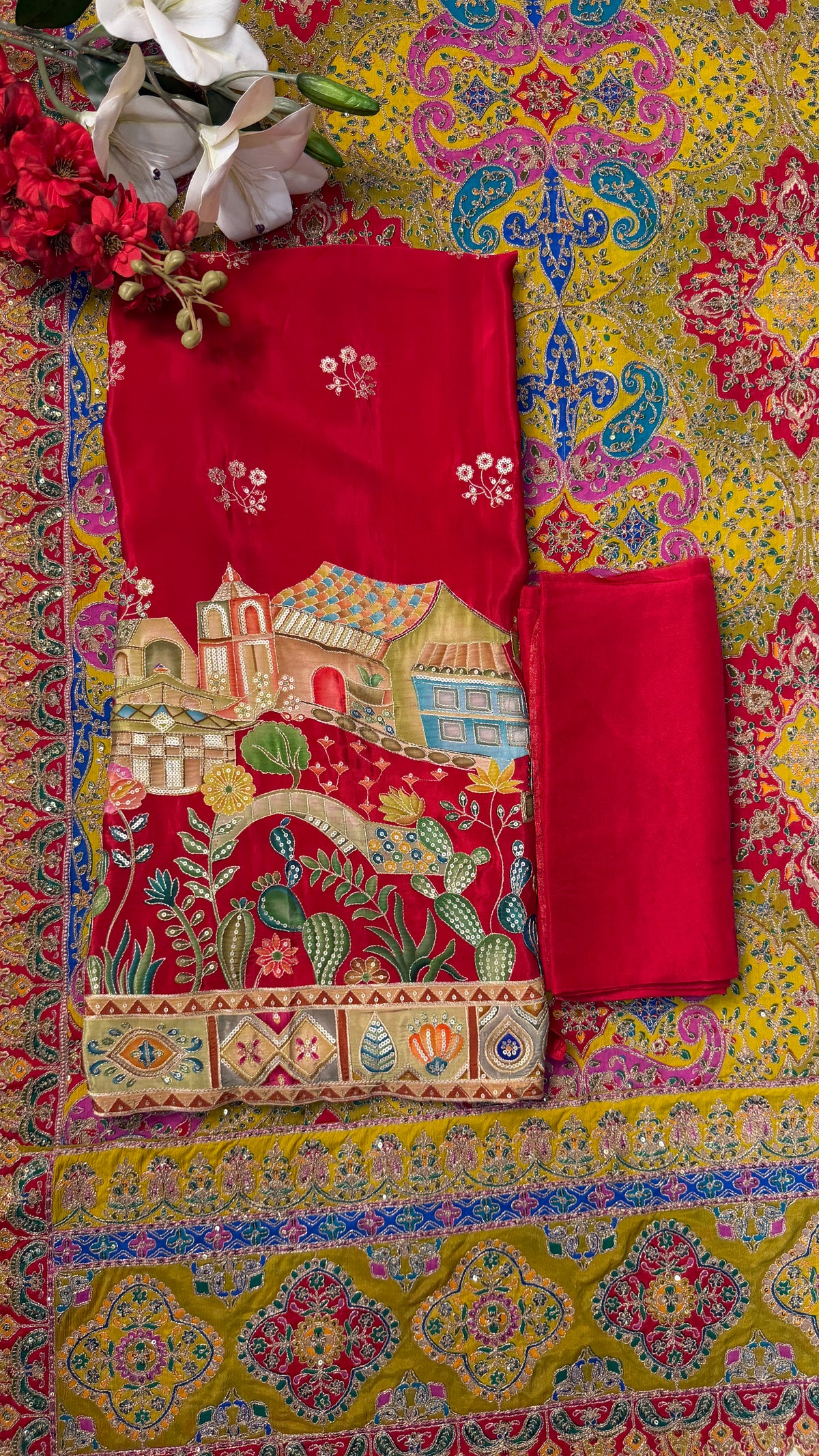 Red & Mustard Heavy Embroidery Crape Unstitch Suit