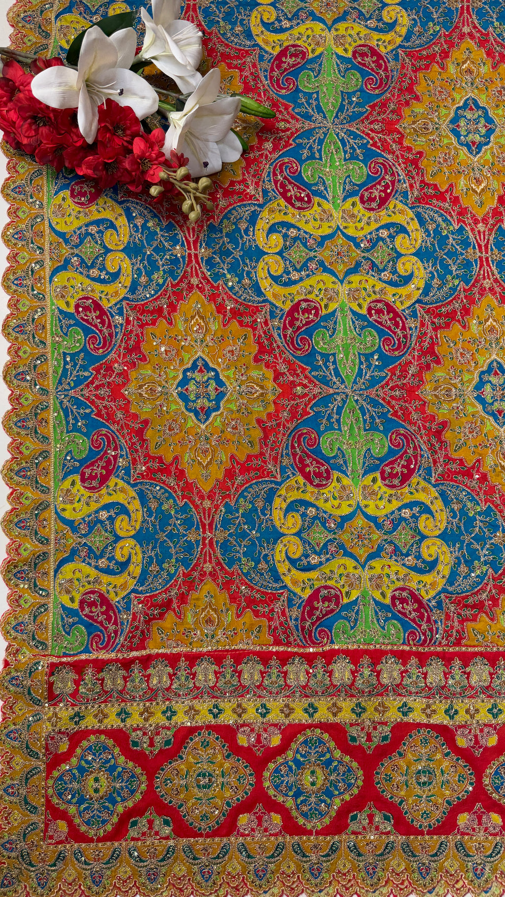 Red & Mustard Heavy Embroidery Crape Unstitch Suit