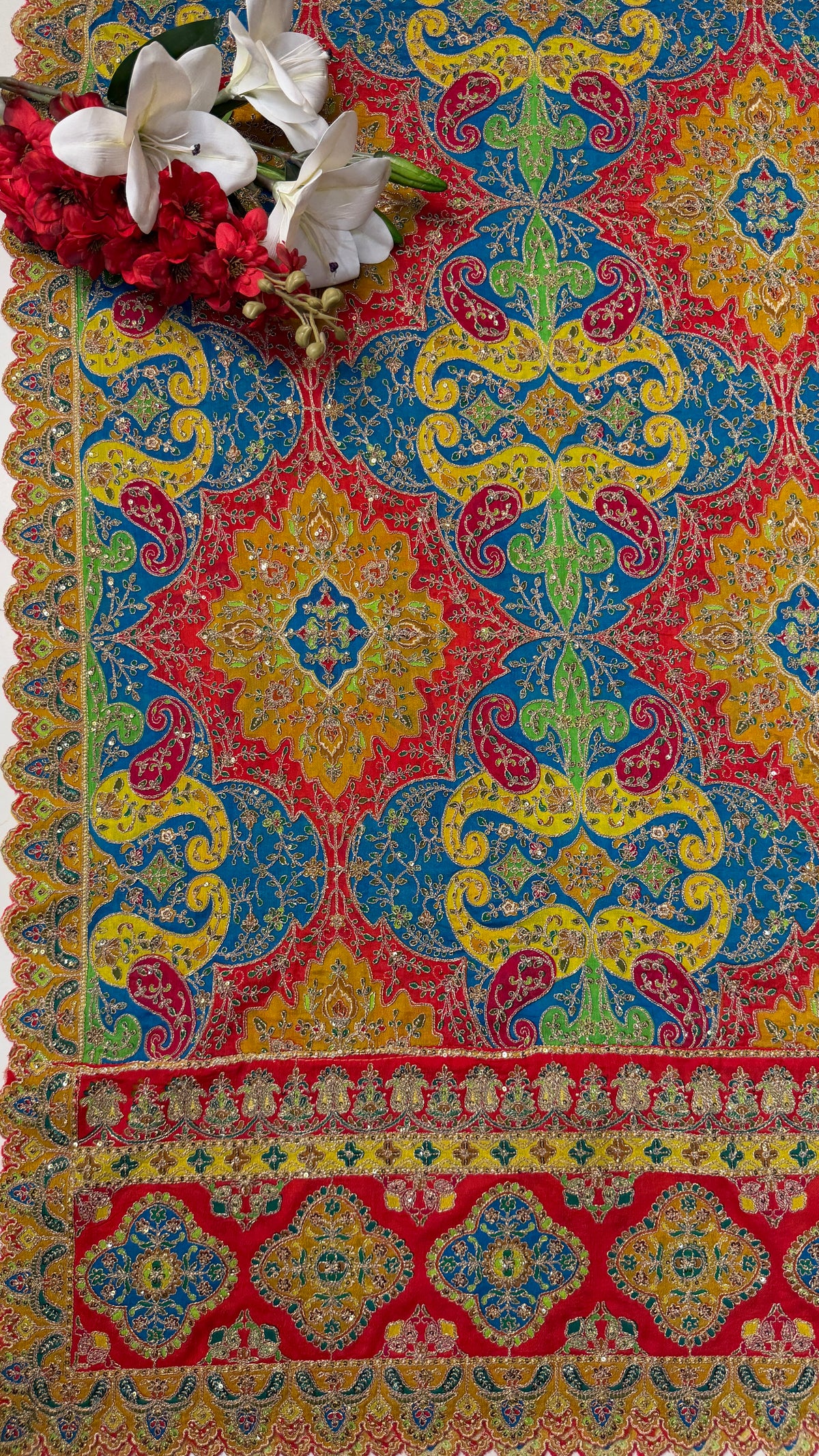 Red & Mustard Heavy Embroidery Crape Unstitch Suit