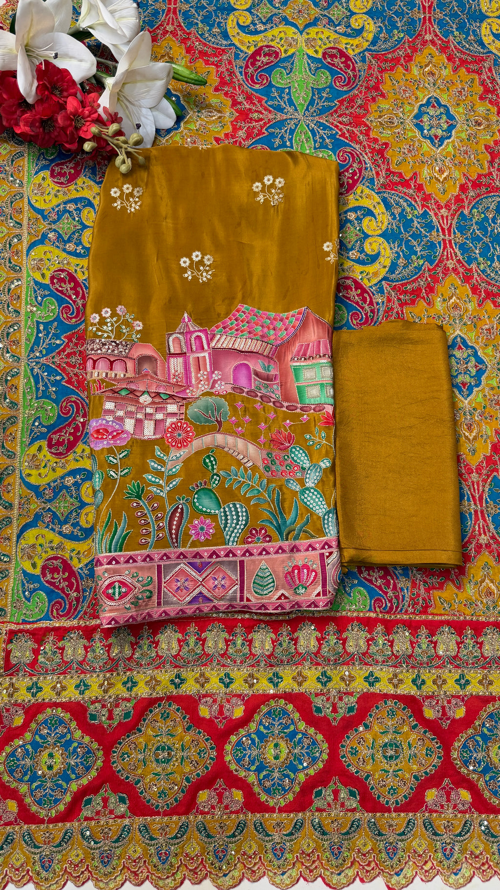Red & Mustard Heavy Embroidery Crape Unstitch Suit
