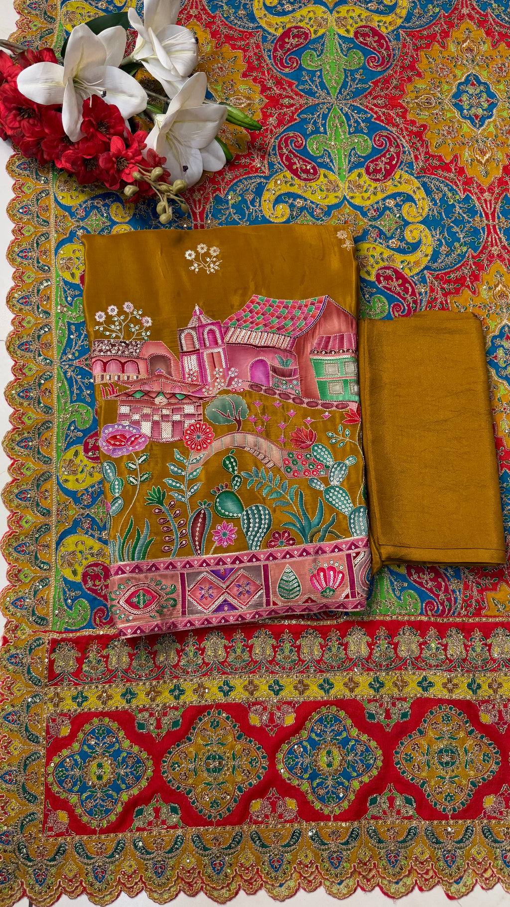Red & Mustard Heavy Embroidery Crape Unstitch Suit