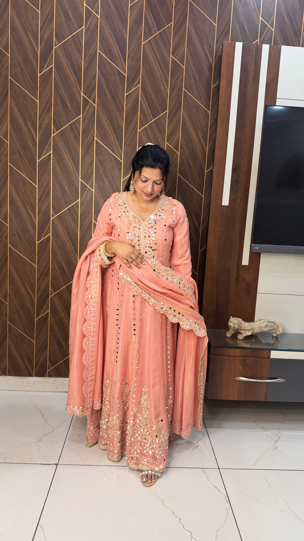 Peach Mirror Work Anarkali Set