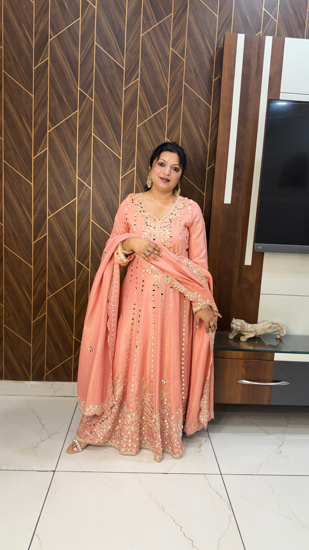 Peach Mirror Work Anarkali Set