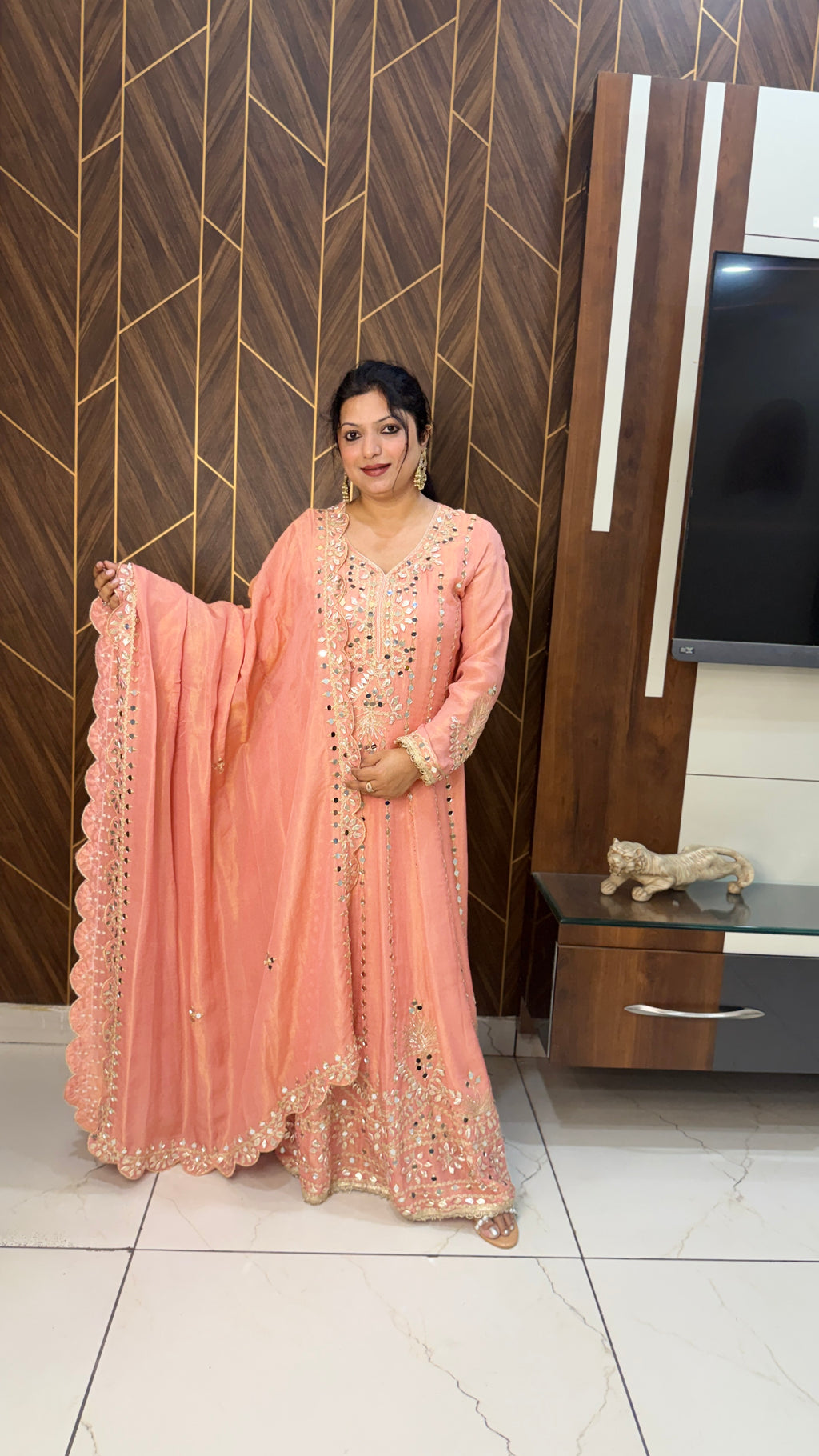 Peach Mirror Work Anarkali Set