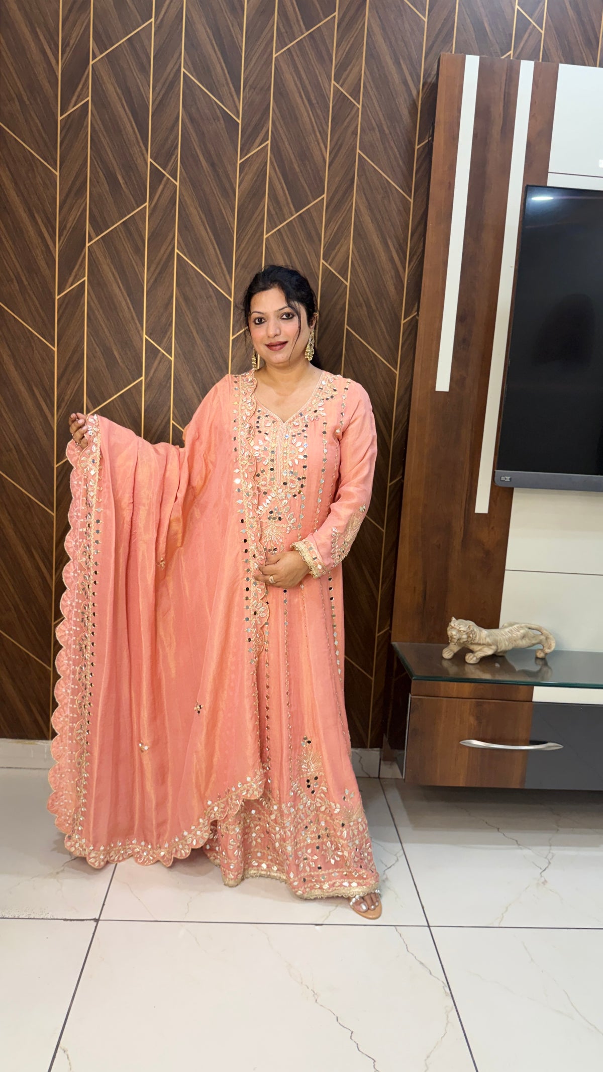 Peach Mirror Work Anarkali Set