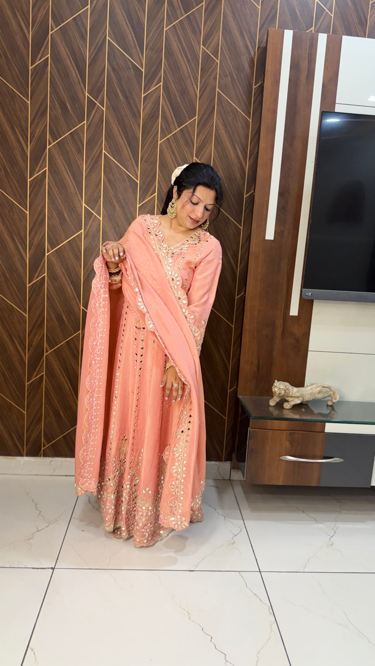 Peach Mirror Work Anarkali Set
