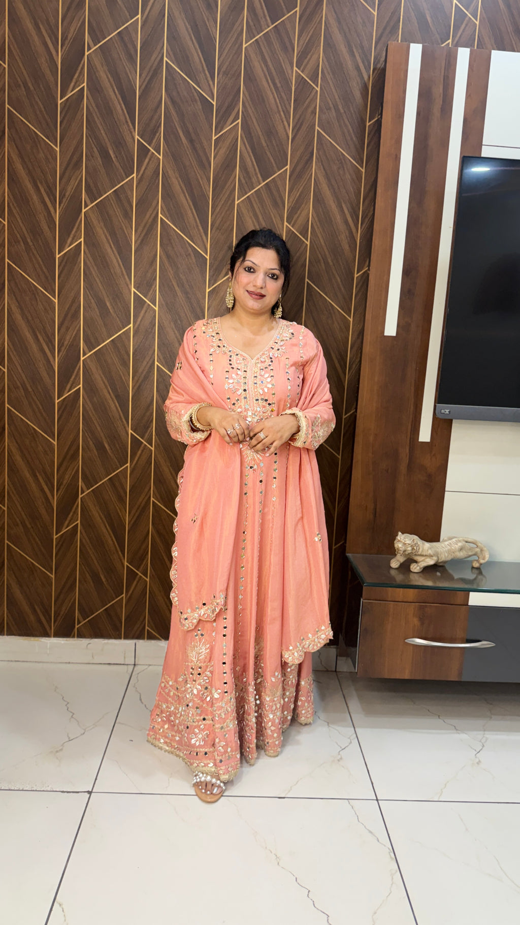 Peach Mirror Work Anarkali Set