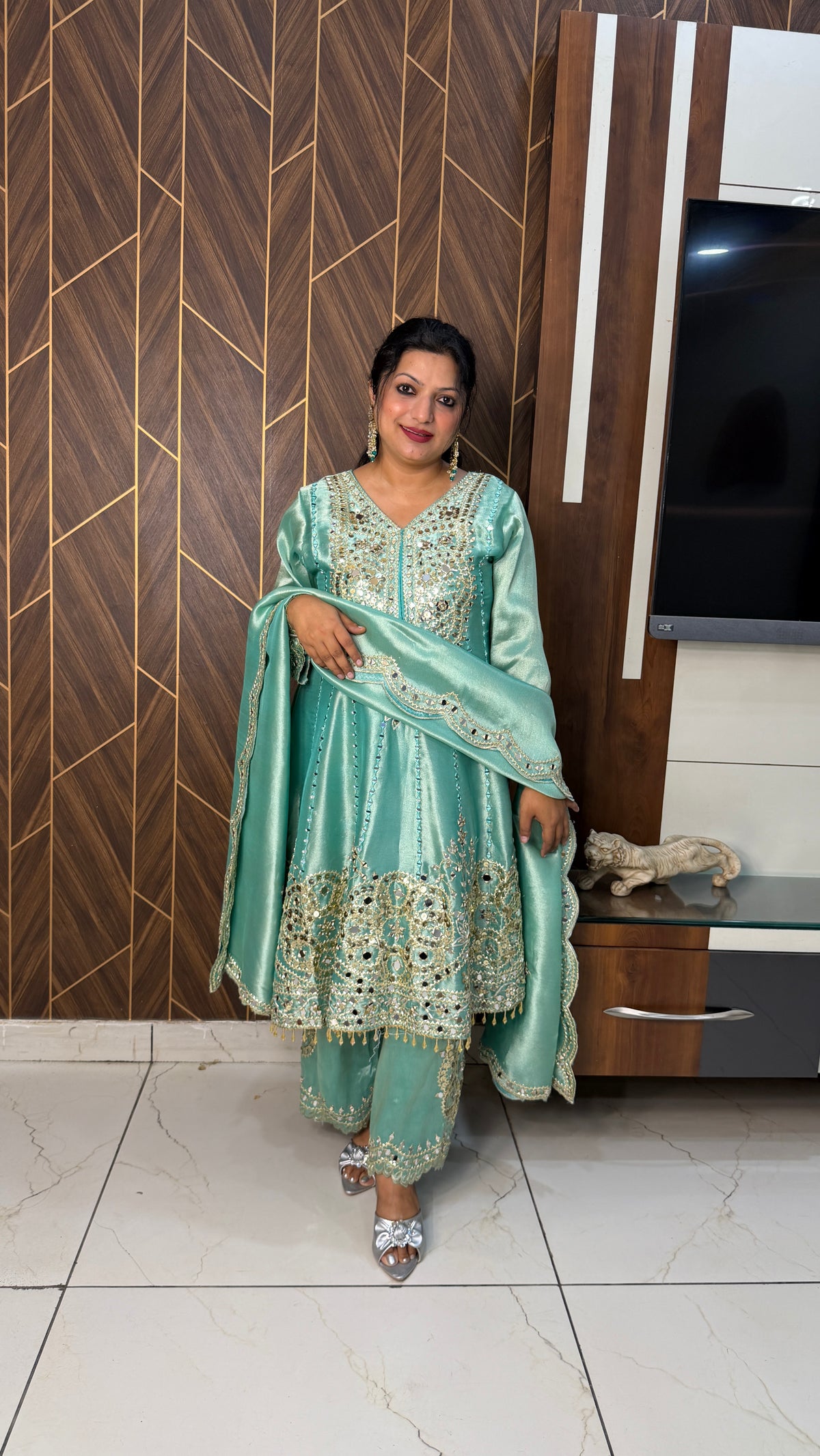 Blue Mirror Work Anarkali Set