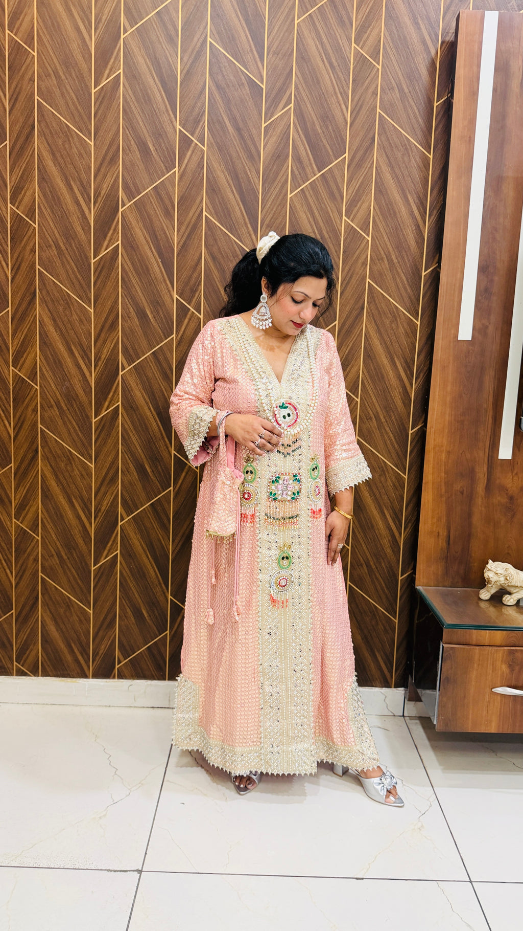 Peach Hand Embellished Long Dress