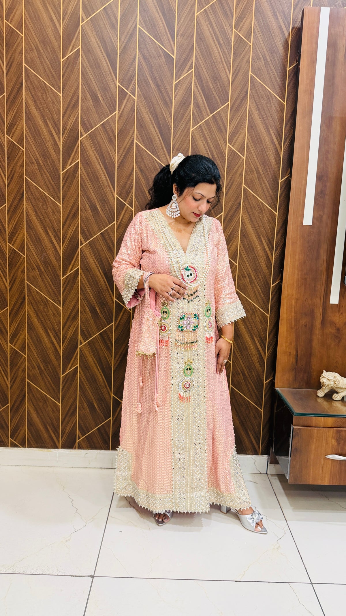Peach Hand Embellished Long Dress