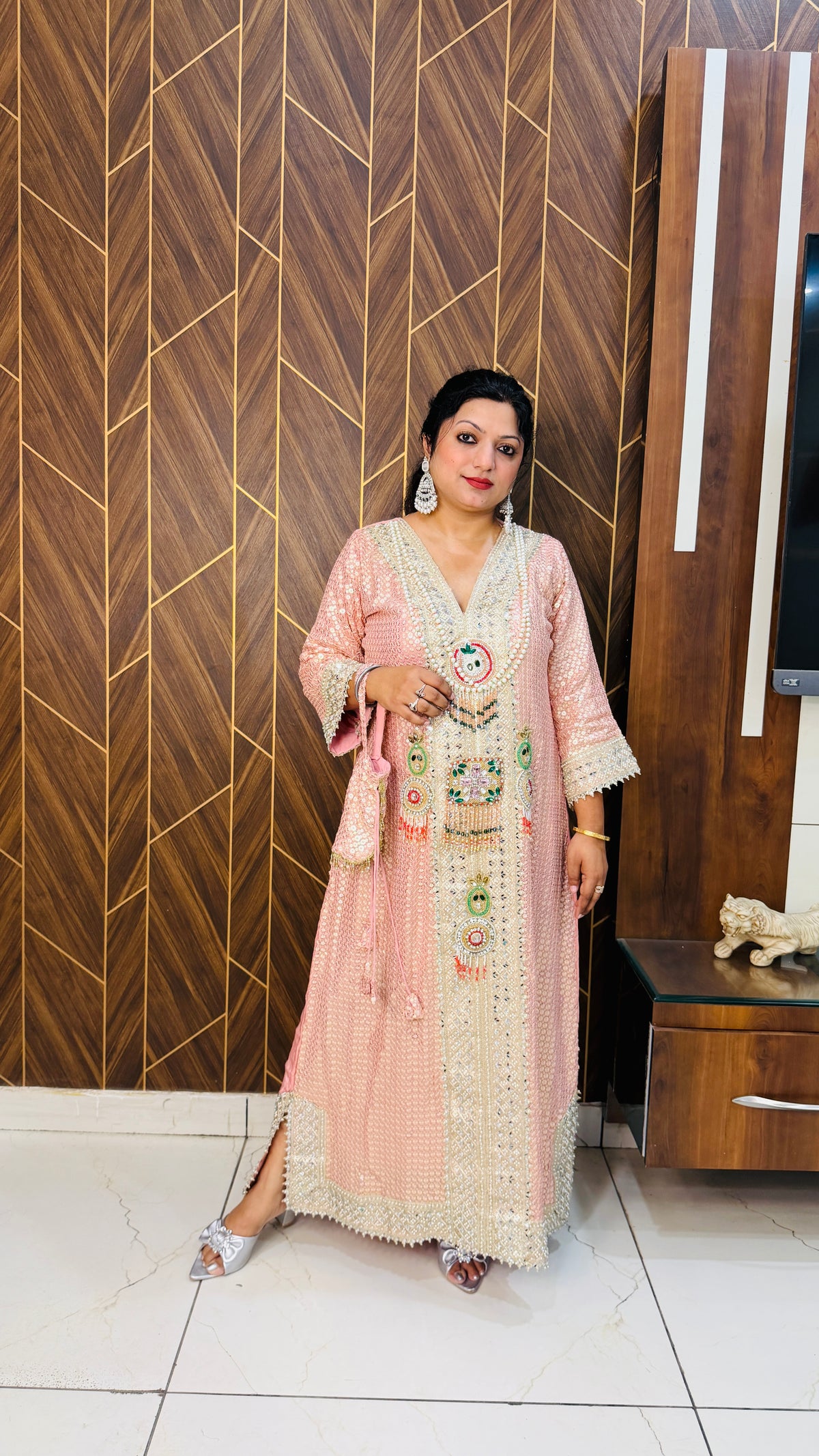 Peach Hand Embellished Long Dress