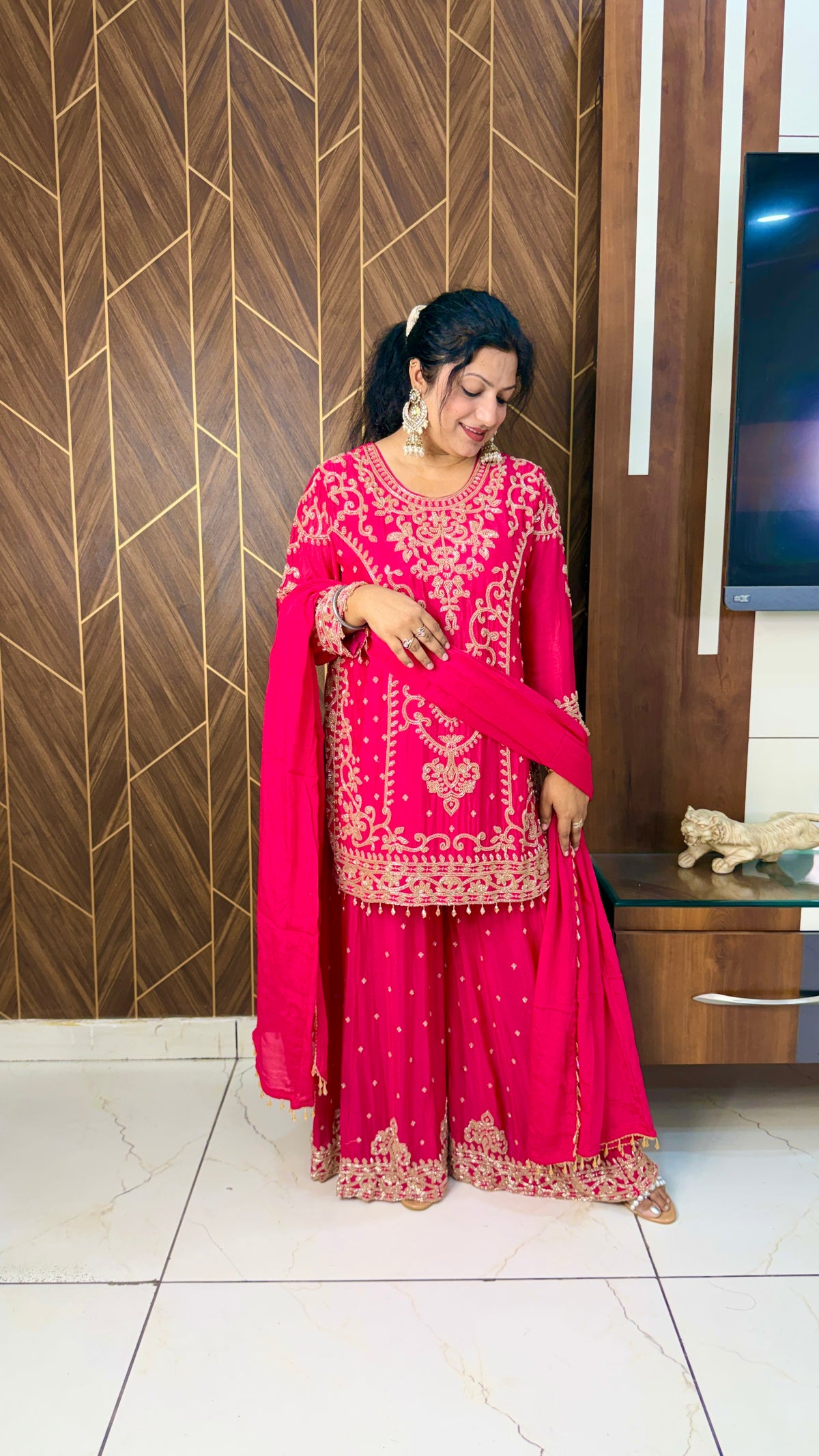 Pure Chinon Handwork Sharara Suit Set(3 Colours)