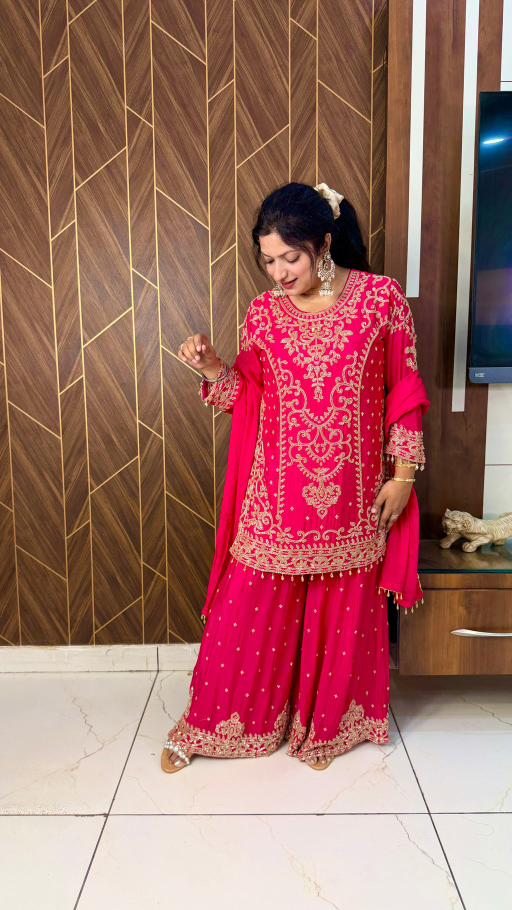 Pure Chinon Handwork Sharara Suit Set(3 Colours)
