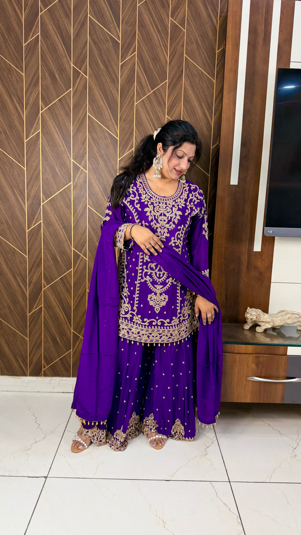 Pure Chinon Handwork Sharara Suit Set(3 Colours)