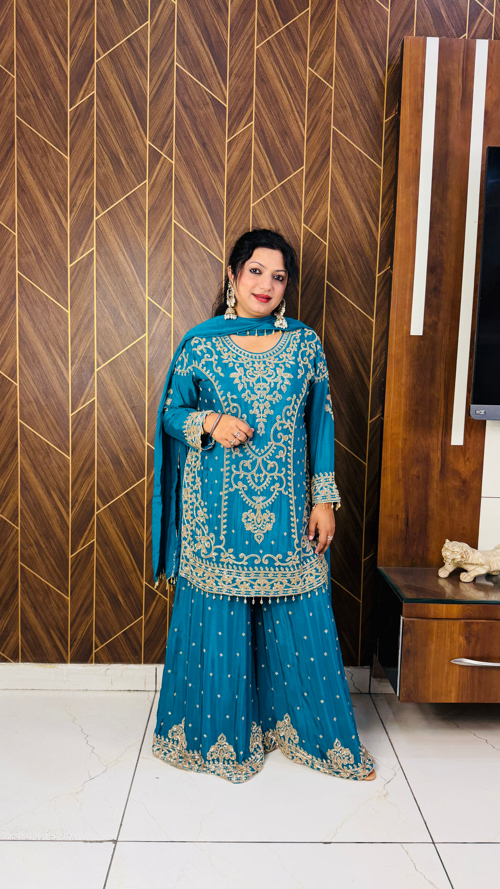 Pure Chinon Handwork Sharara Suit Set(3 Colours)