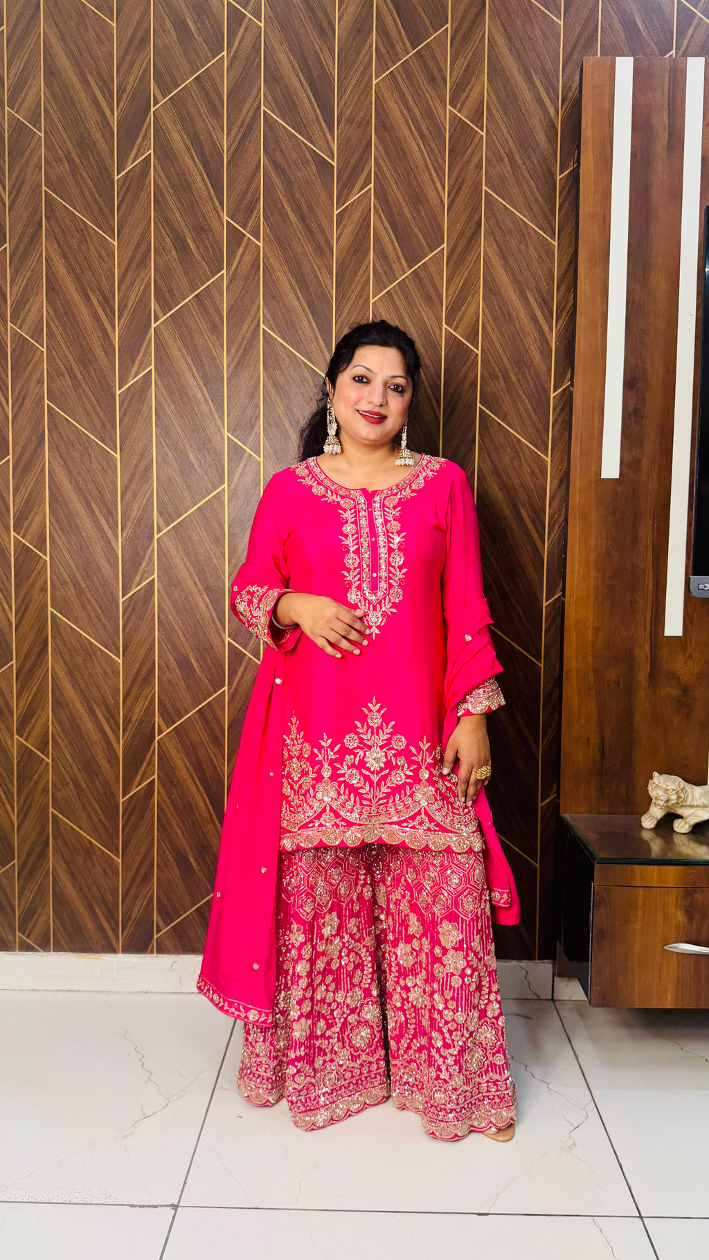 Pure Chinon Fabric Handwork Embellished in Hot Pink
