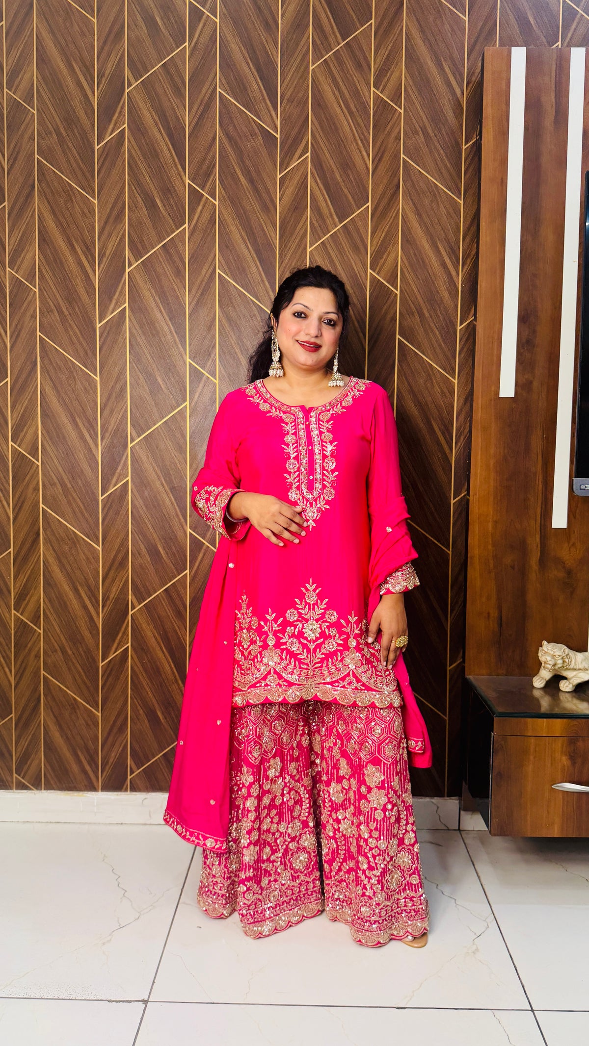 Pure Chinon Fabric Handwork Embellished in Hot Pink