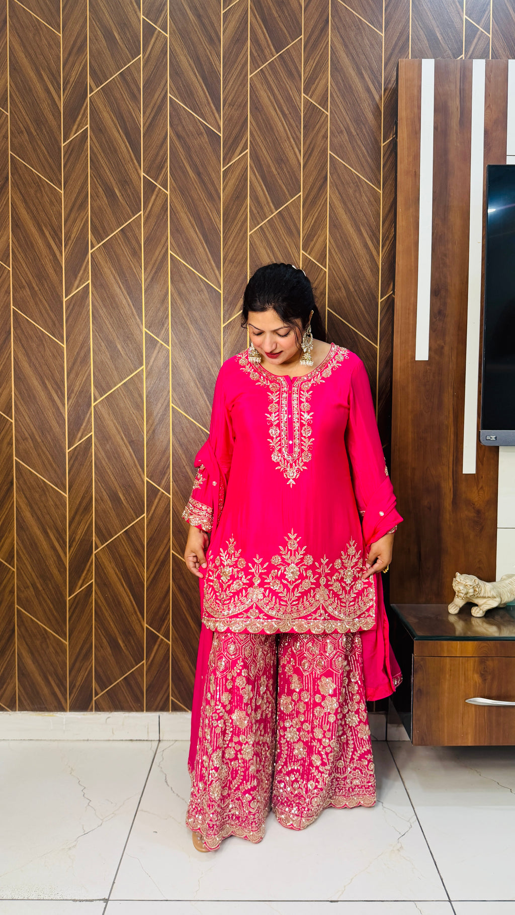 Pure Chinon Fabric Handwork Embellished in Hot Pink