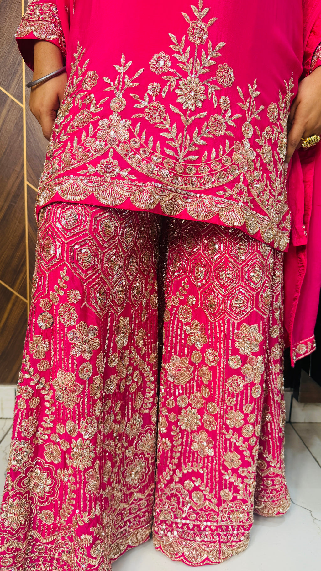 Pure Chinon Fabric Handwork Embellished in Hot Pink