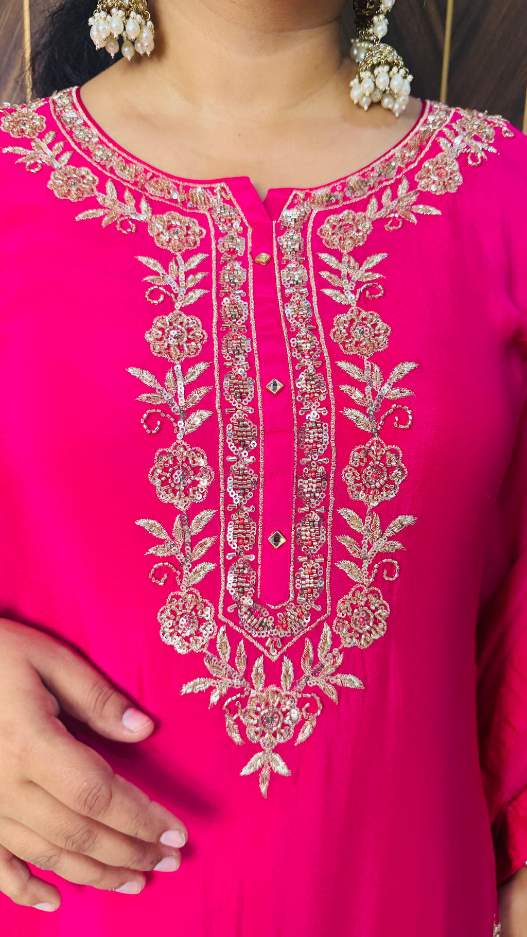 Pure Chinon Fabric Handwork Embellished in Hot Pink
