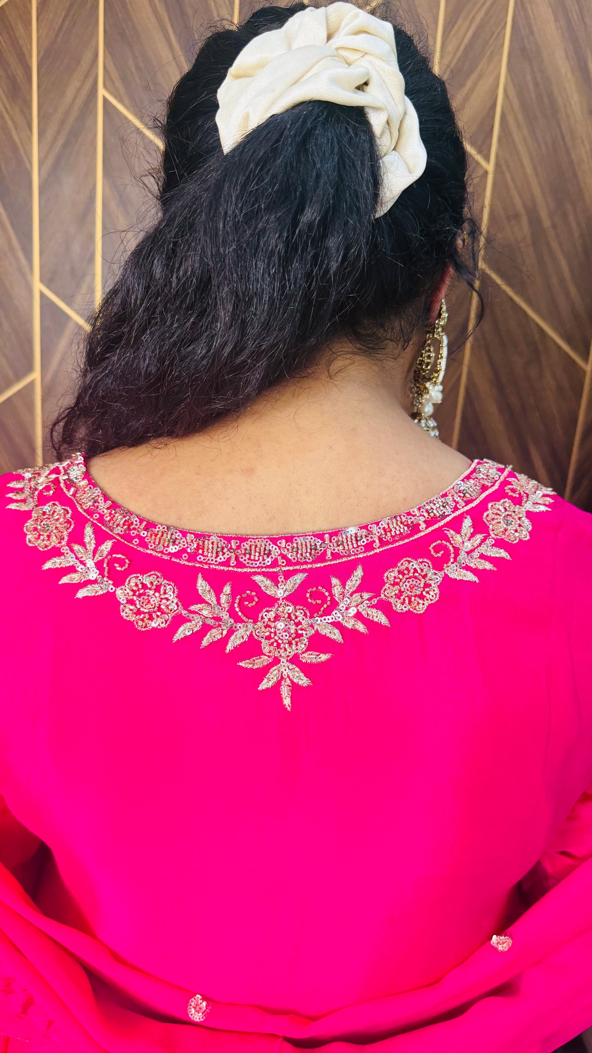 Pure Chinon Fabric Handwork Embellished in Hot Pink