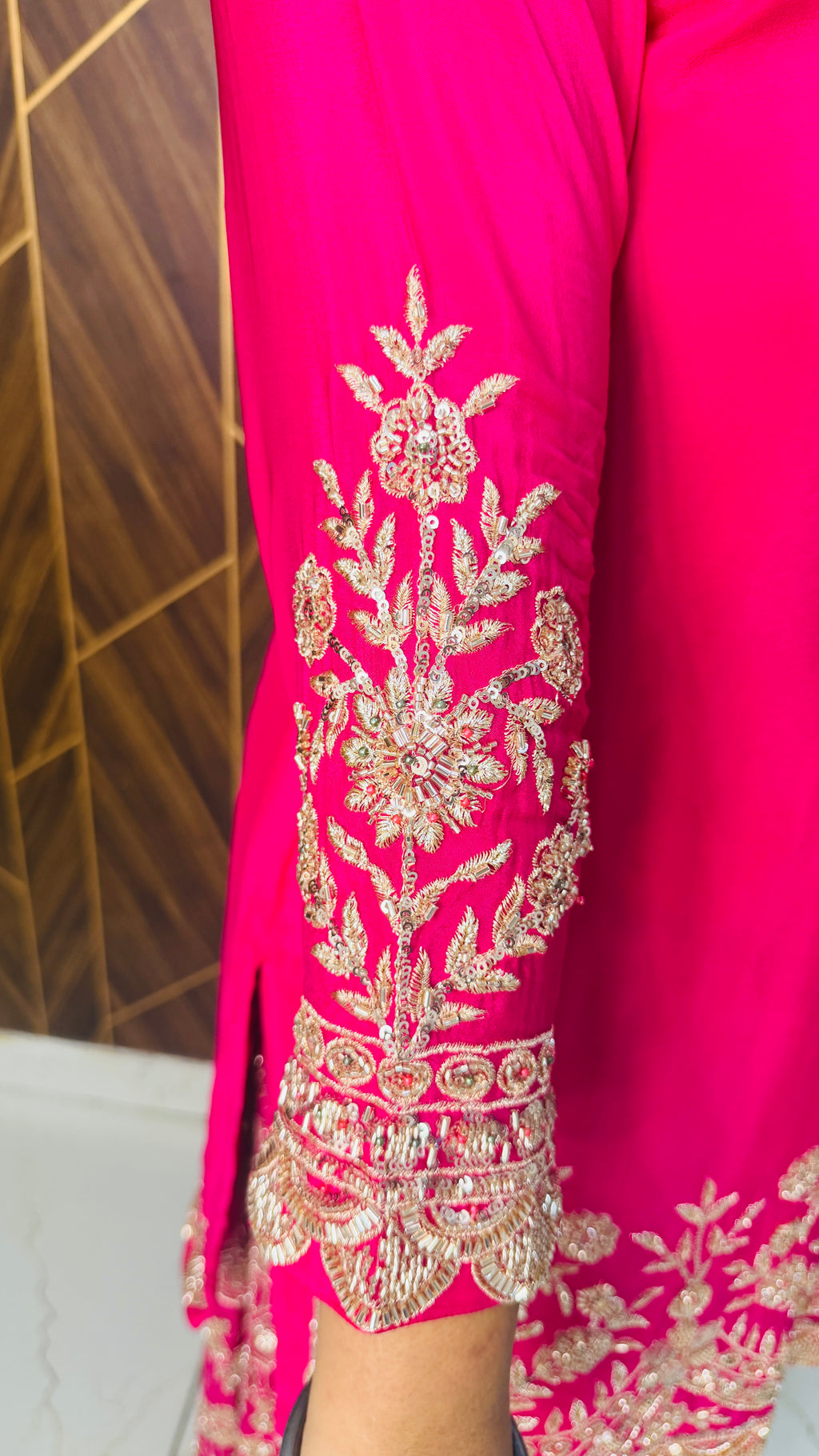 Pure Chinon Fabric Handwork Embellished in Hot Pink