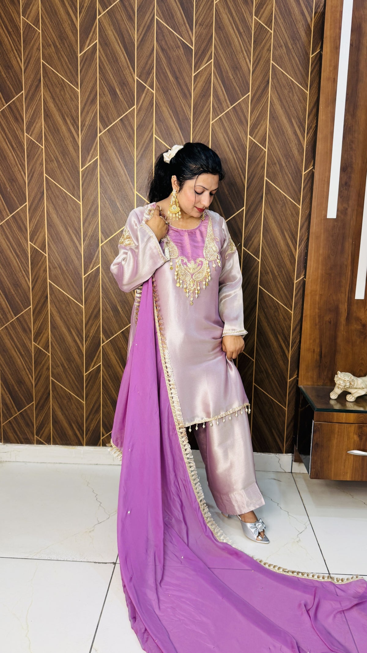 Shimmer Tissue Kurta & Farshi Salwar – Purple