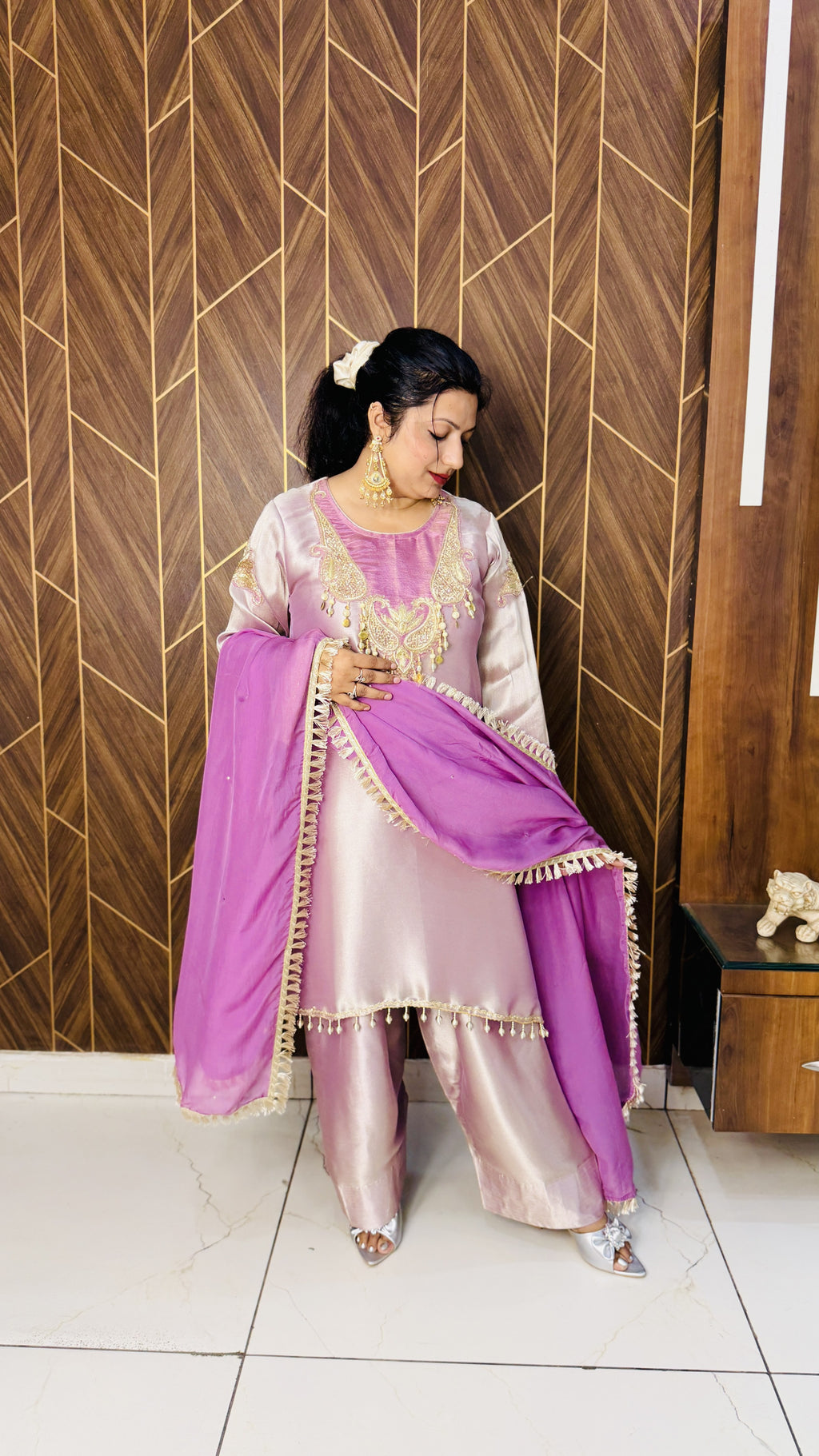 Shimmer Tissue Kurta & Farshi Salwar – Purple