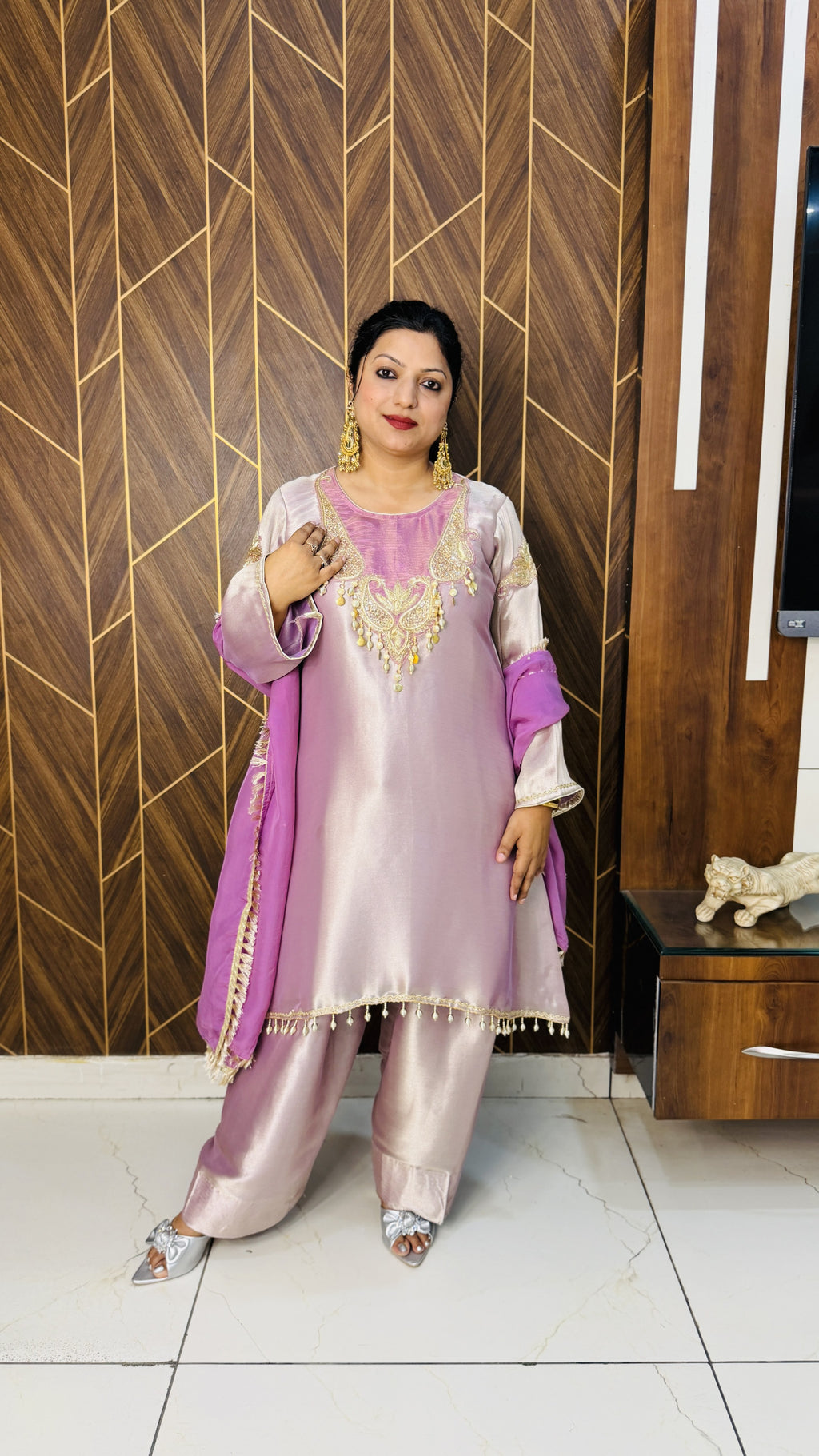 Shimmer Tissue Kurta & Farshi Salwar – Purple