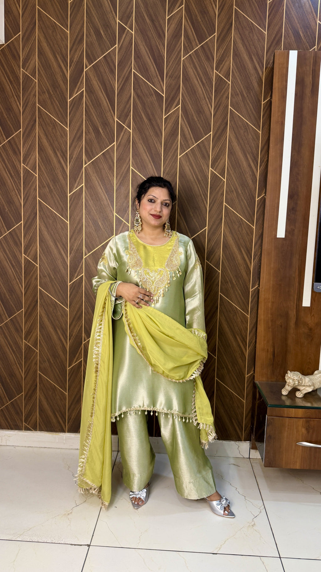 Shimmer Tissue Kurta & Farshi Salwar – Parrot Green