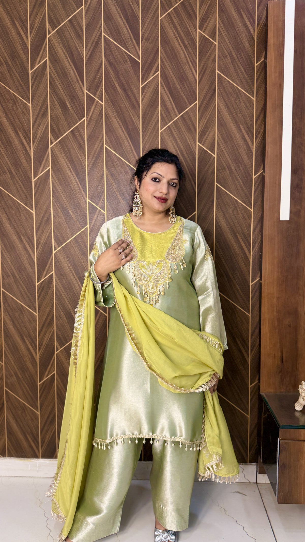 Shimmer Tissue Kurta & Farshi Salwar – Parrot Green
