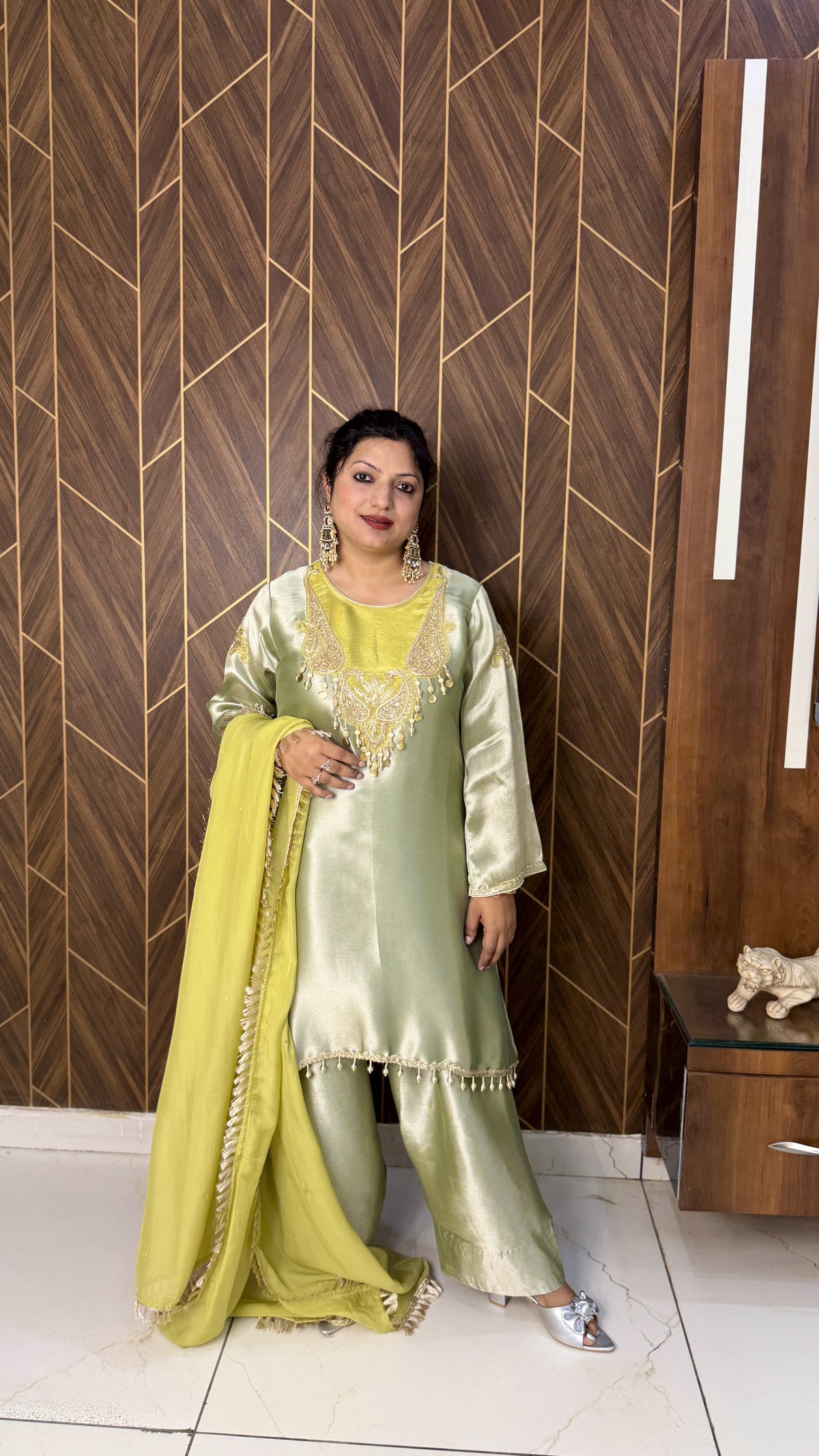Shimmer Tissue Kurta & Farshi Salwar – Parrot Green