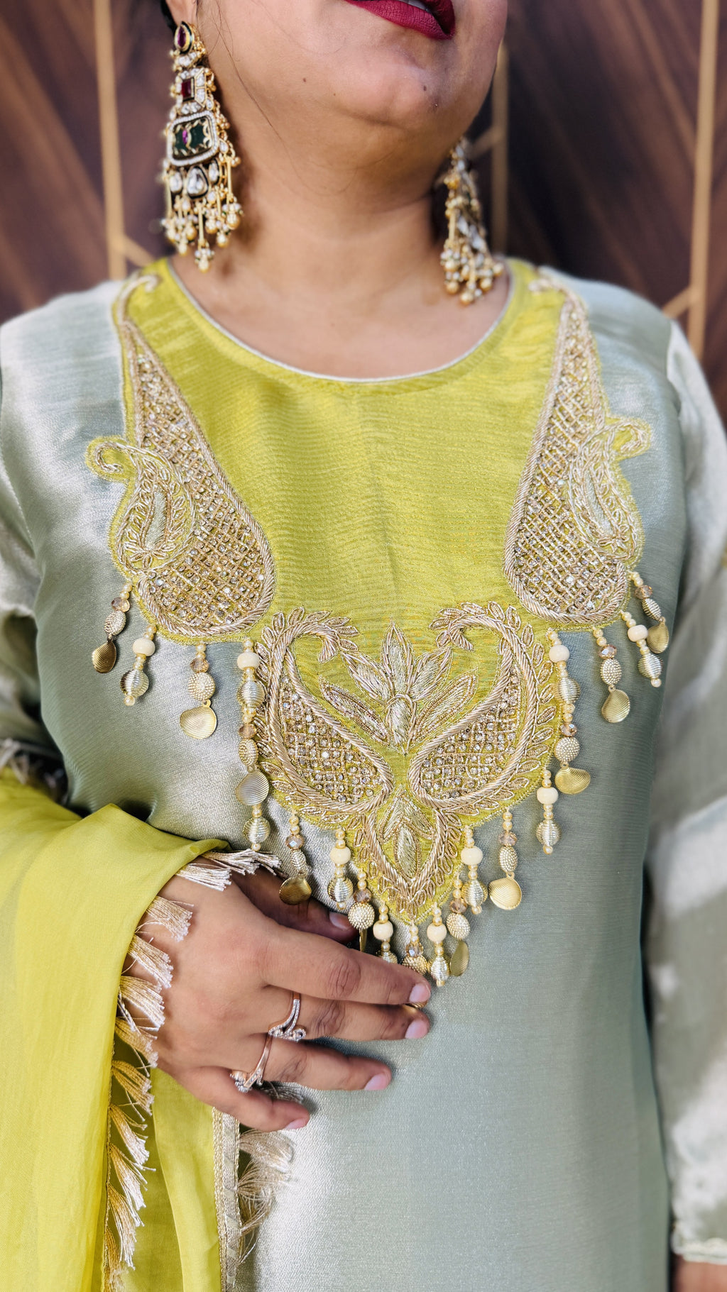 Shimmer Tissue Kurta & Farshi Salwar – Parrot Green
