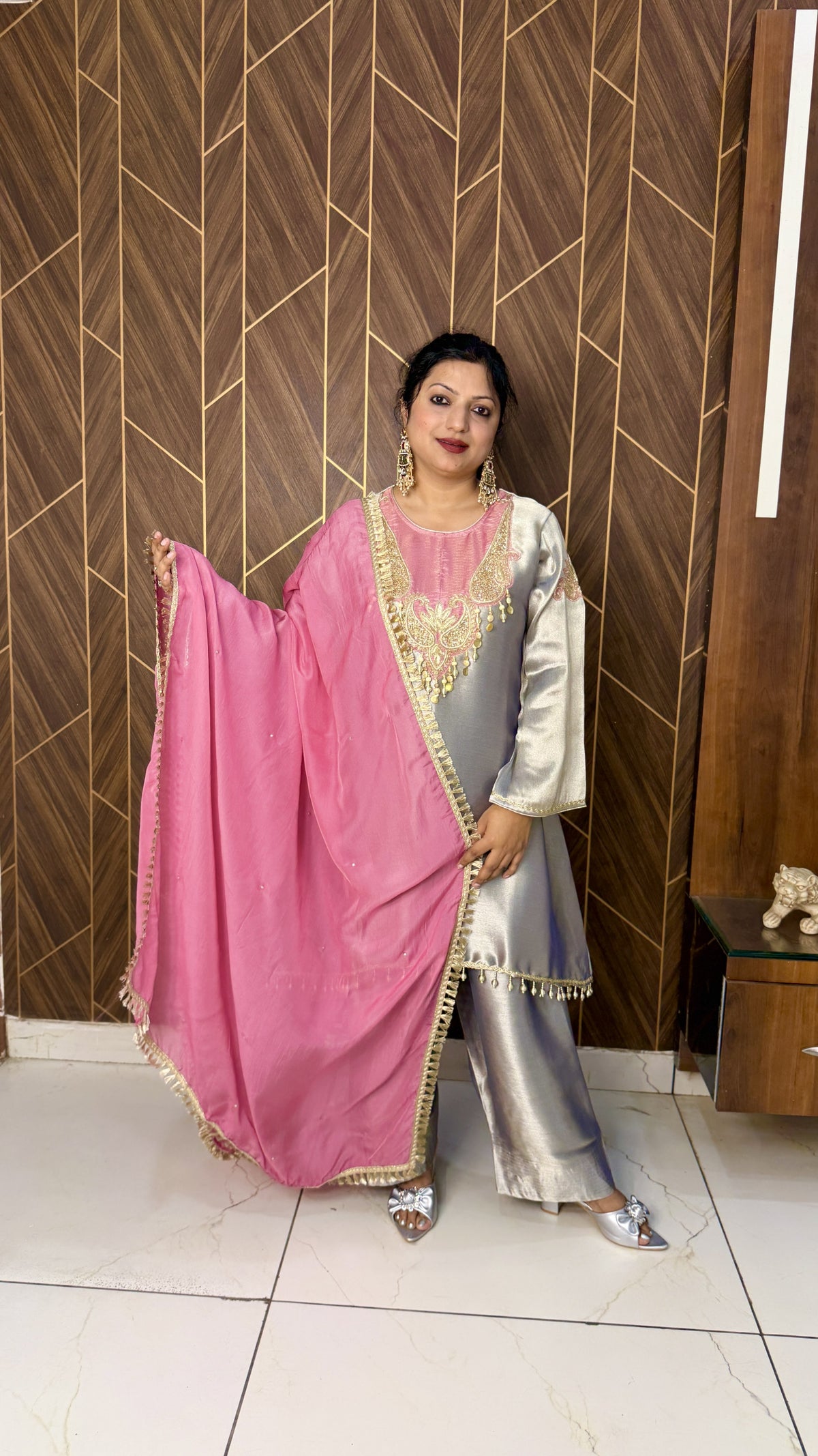Shimmer Tissue Kurta & Farshi Salwar – Pink