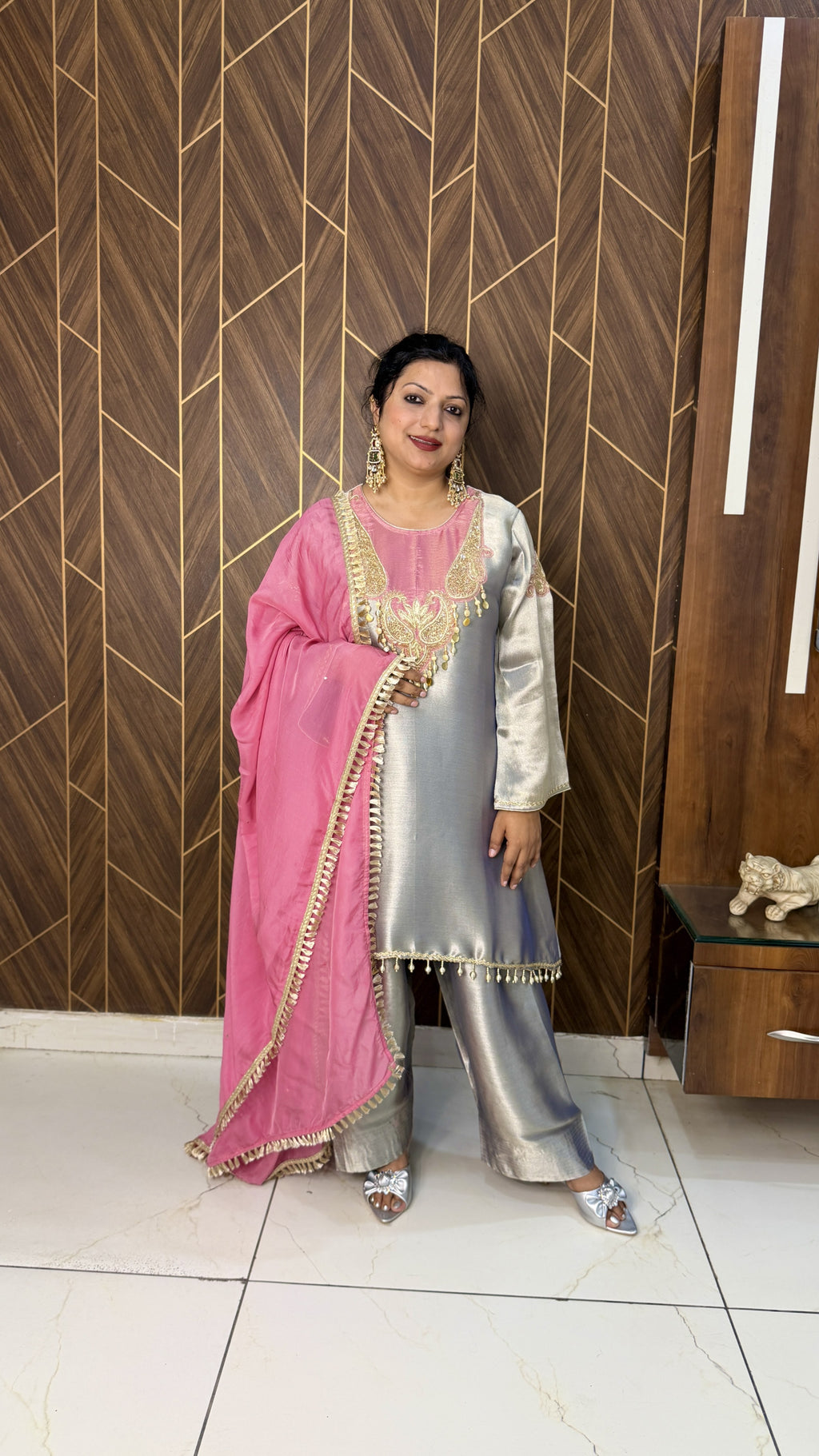 Shimmer Tissue Kurta & Farshi Salwar – Pink