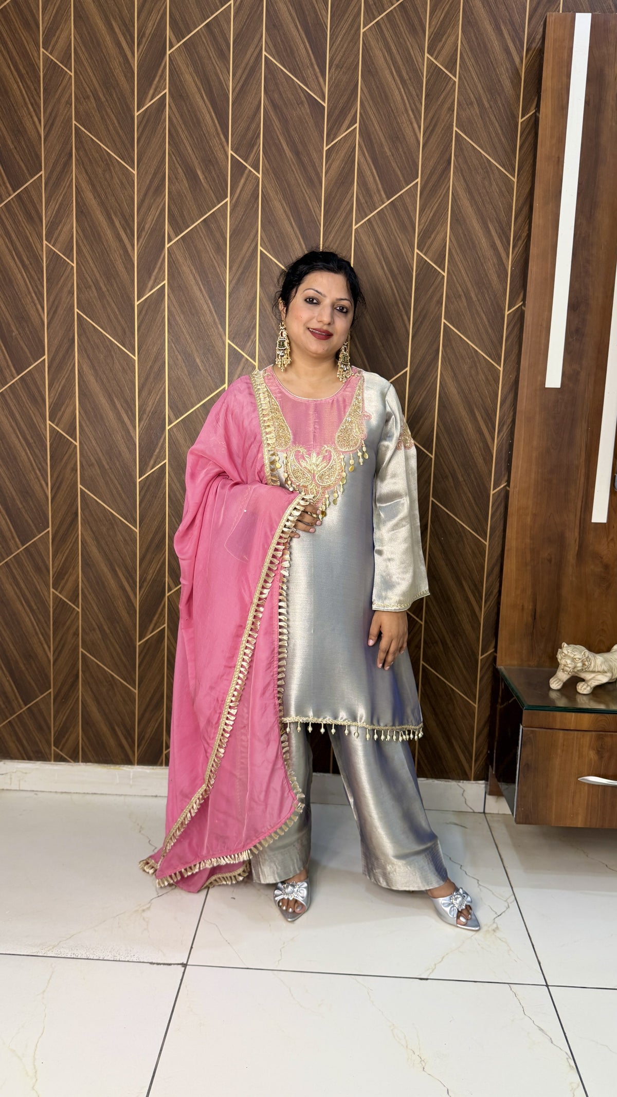 Shimmer Tissue Kurta & Farshi Salwar – Pink