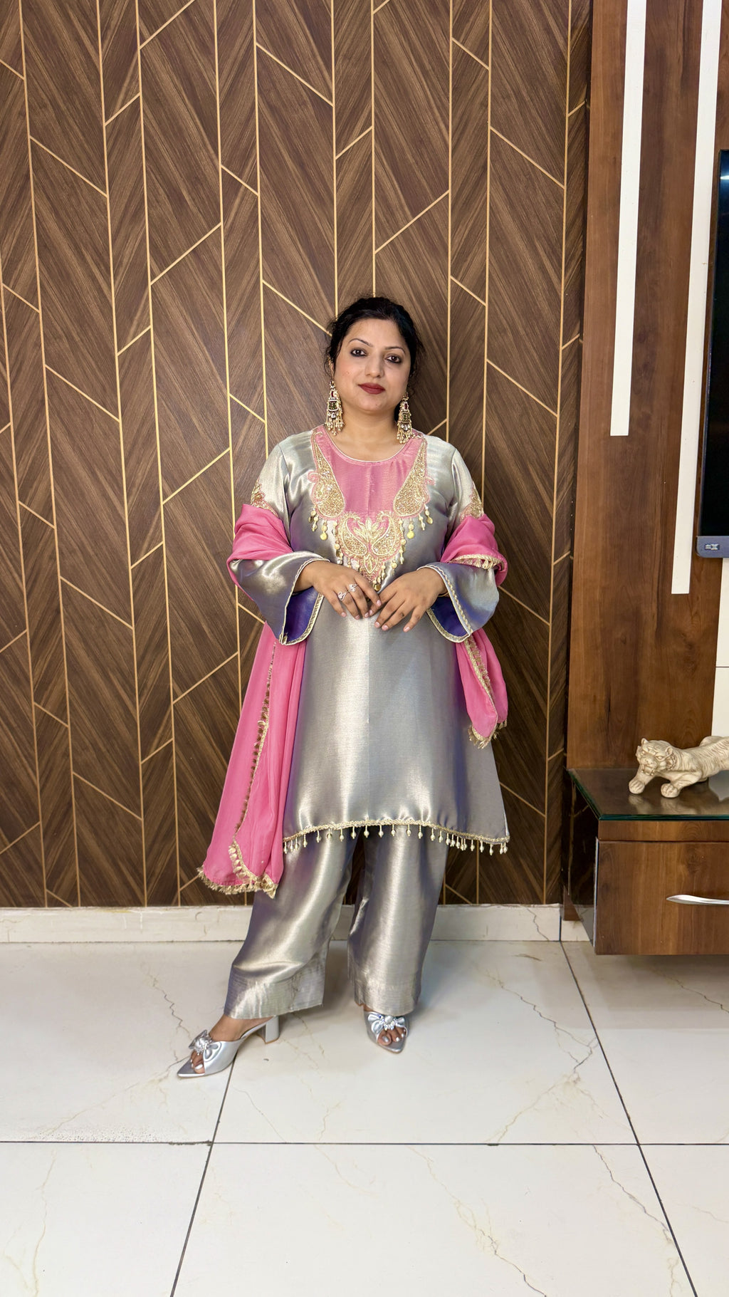 Shimmer Tissue Kurta & Farshi Salwar – Pink