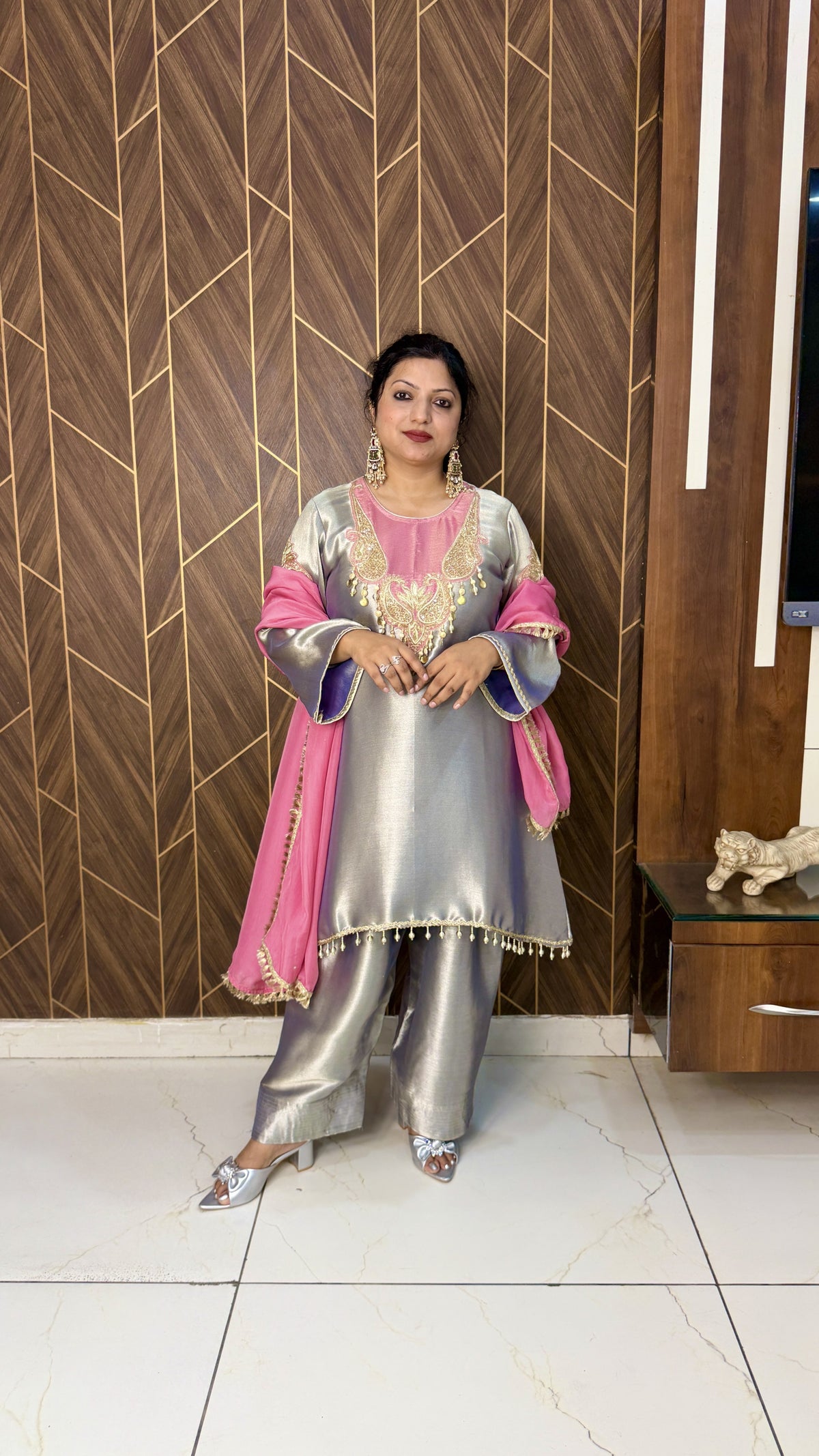 Shimmer Tissue Kurta & Farshi Salwar – Pink