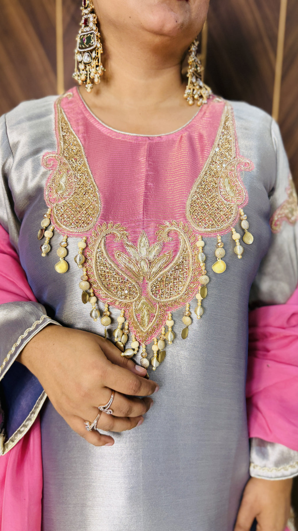 Shimmer Tissue Kurta & Farshi Salwar – Pink