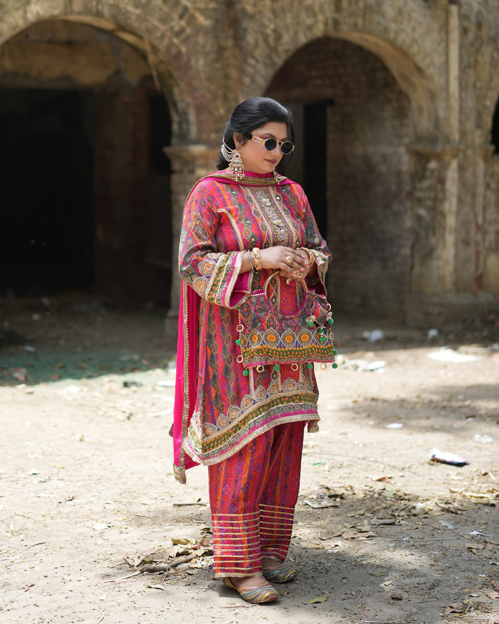 Sabyasachi-Inspired Digital Print Set – Pink Patchwork