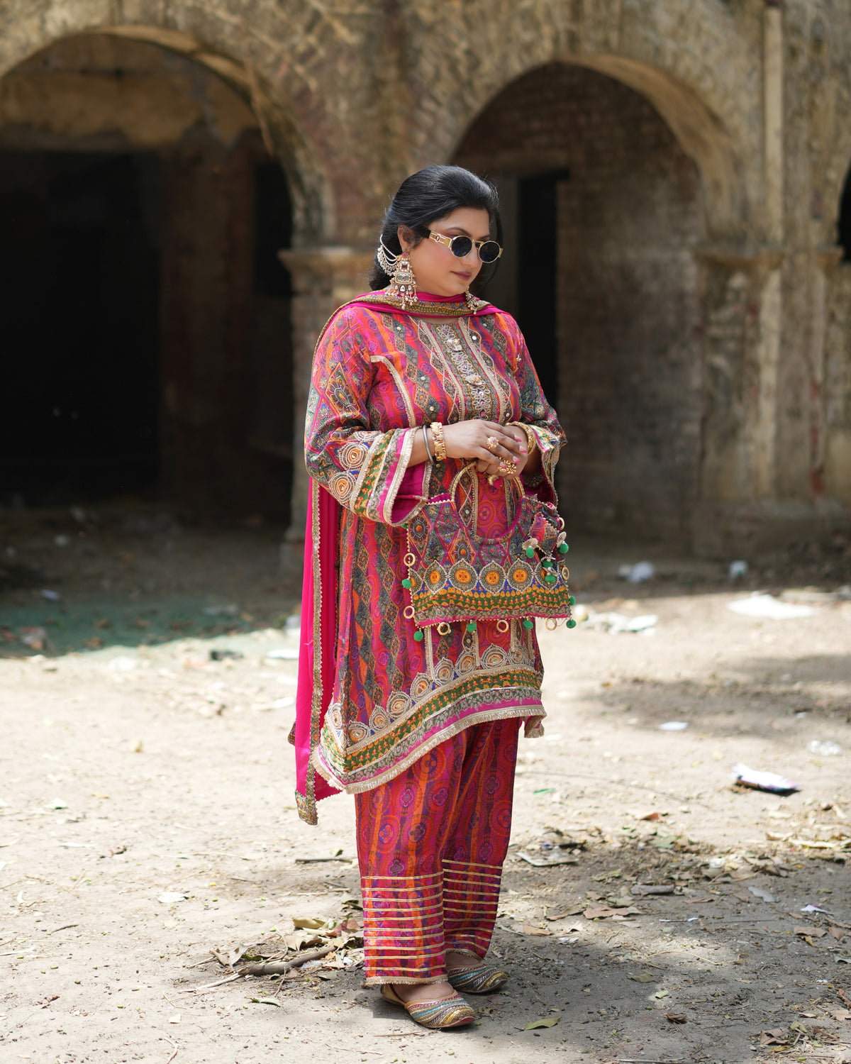 Sabyasachi-Inspired Digital Print Set – Pink Patchwork