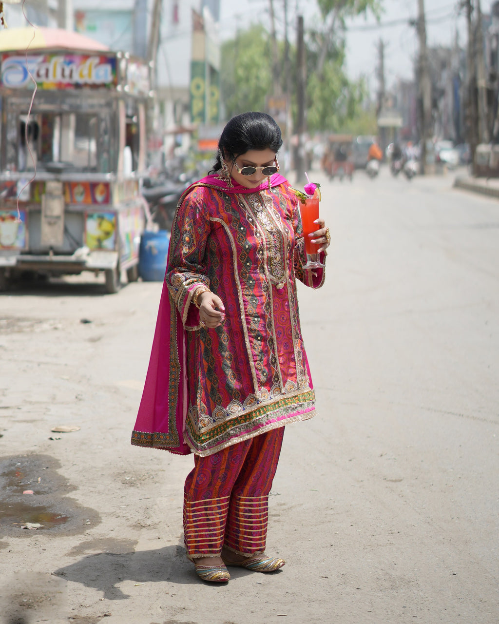 Sabyasachi-Inspired Digital Print Set – Pink Patchwork