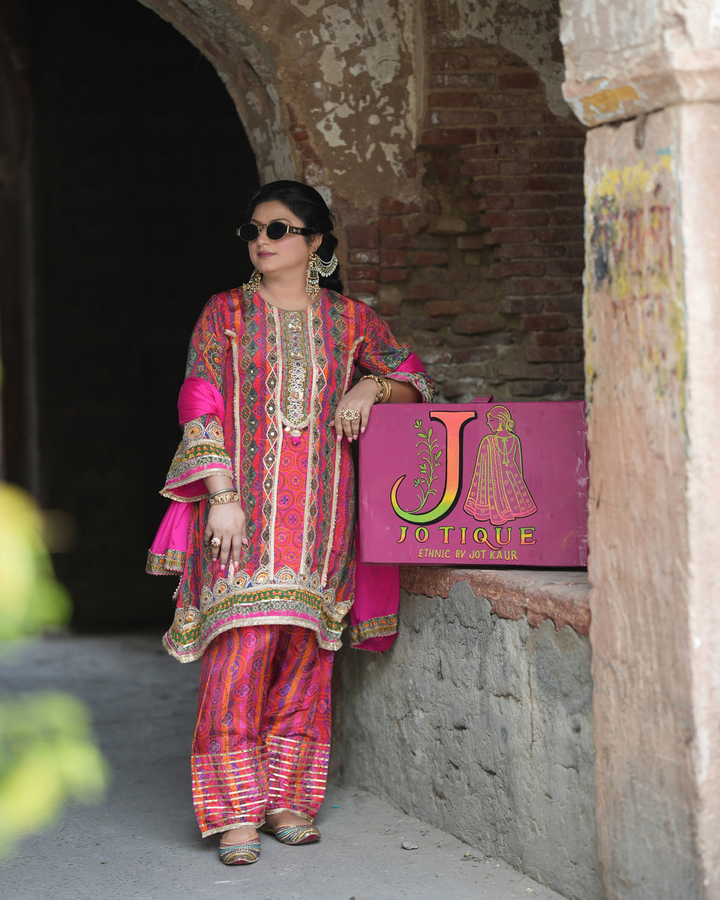 Sabyasachi-Inspired Digital Print Set – Pink Patchwork