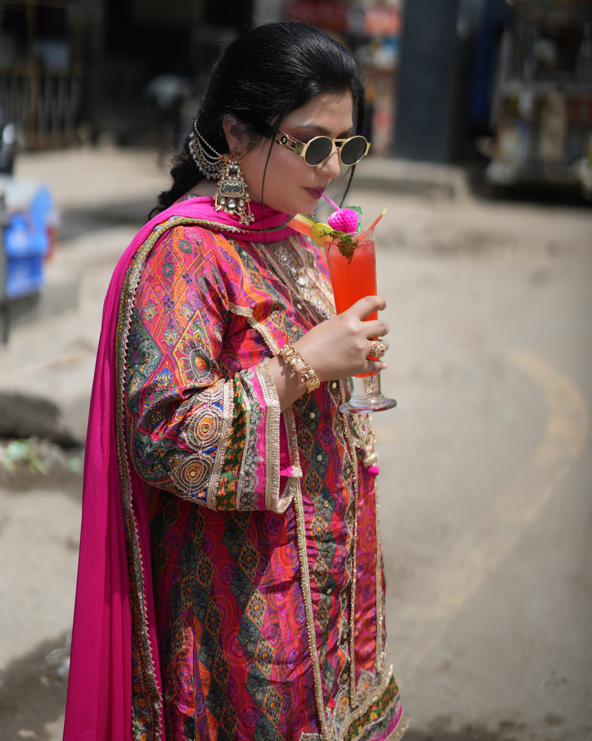 Sabyasachi-Inspired Digital Print Set – Pink Patchwork