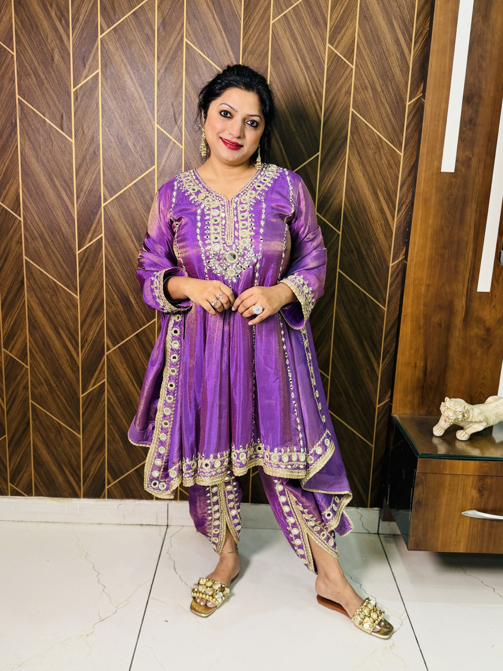 Shimmer Mirror-Work Anarkali Set – Purple