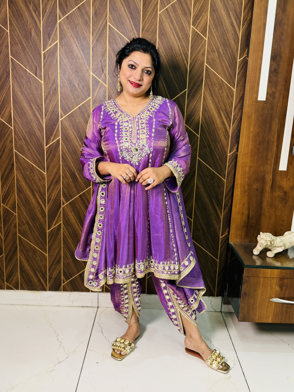 Shimmer Mirror-Work Anarkali Set – Purple