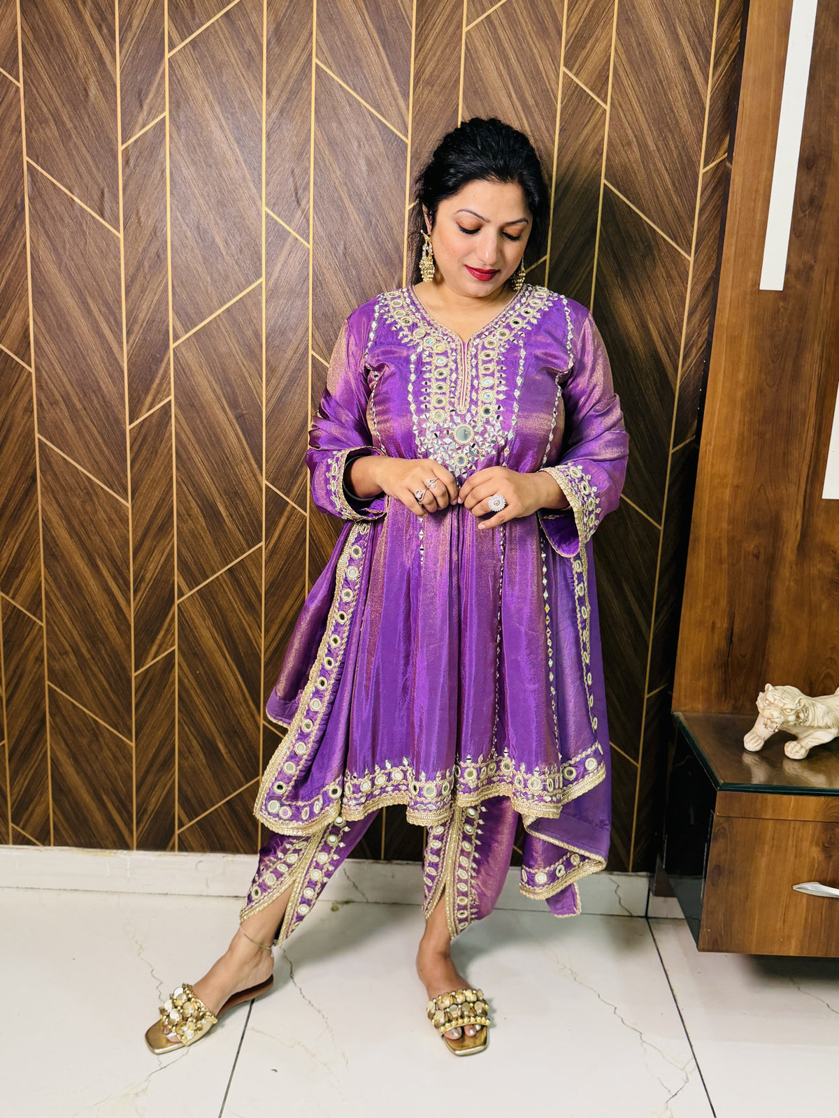 Shimmer Mirror-Work Anarkali Set – Purple
